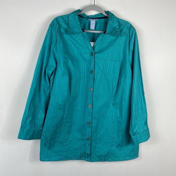 Liz & Me Tops - Liz & Me Plus Size 1X 18 20 Striped Roll Tab Sleeve Button Shirt Top Green